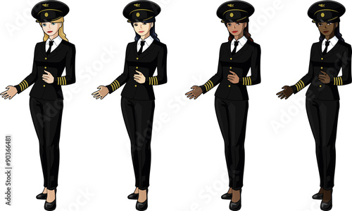Set of 4 female airplane pilots in suits women of color