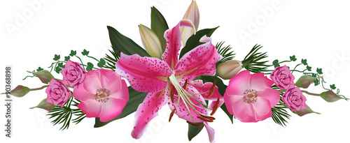 pink lily and rose flower stripe isolated on white