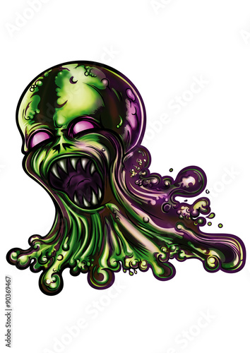 Slime monster. Illustration a mucus creature. He spills slime blobs