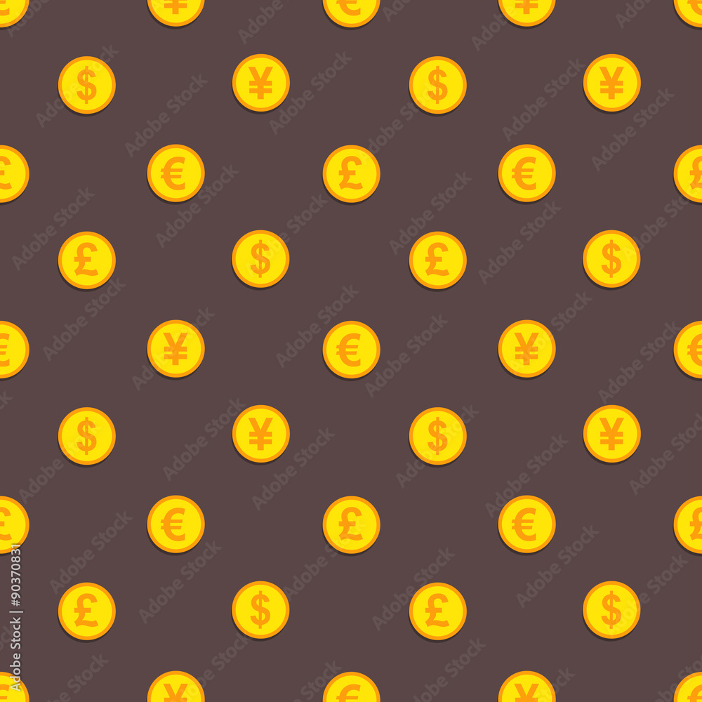 Golden dollar, euro, pound and yen coins pattern Golden dollar, euro, pound and yen coins pattern