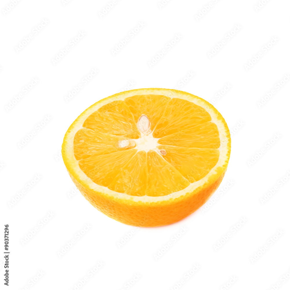 Ripe orange cut in half isolated over the white background