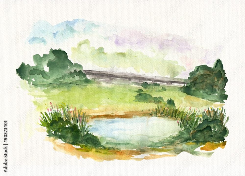 Nature landscape with blue lake on watercolor textured paper.