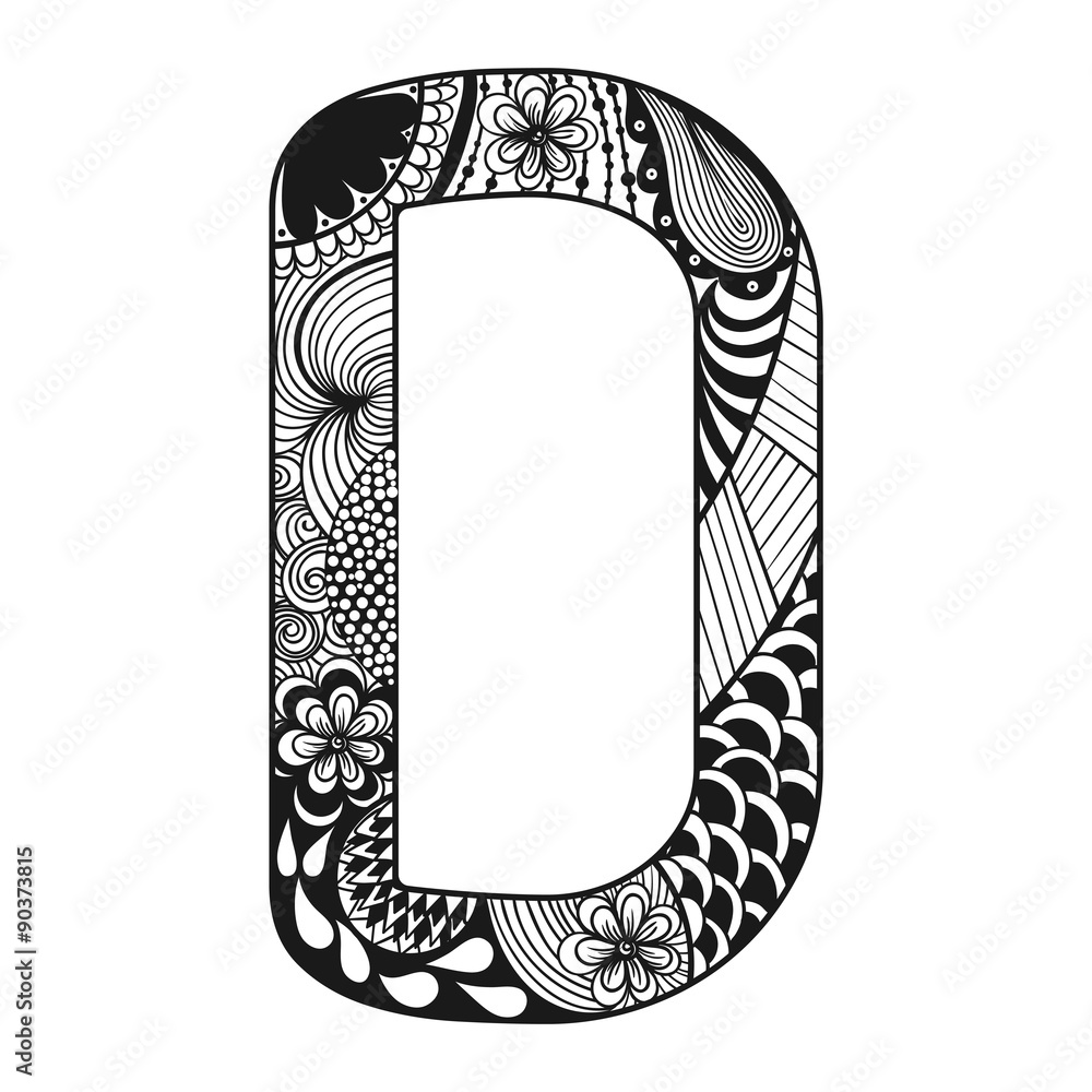 Zentangle stylized alphabet. Lace letter D in doodle style. Hand Zentangle stylized alphabet. Lace letter D in doodle style. Hand