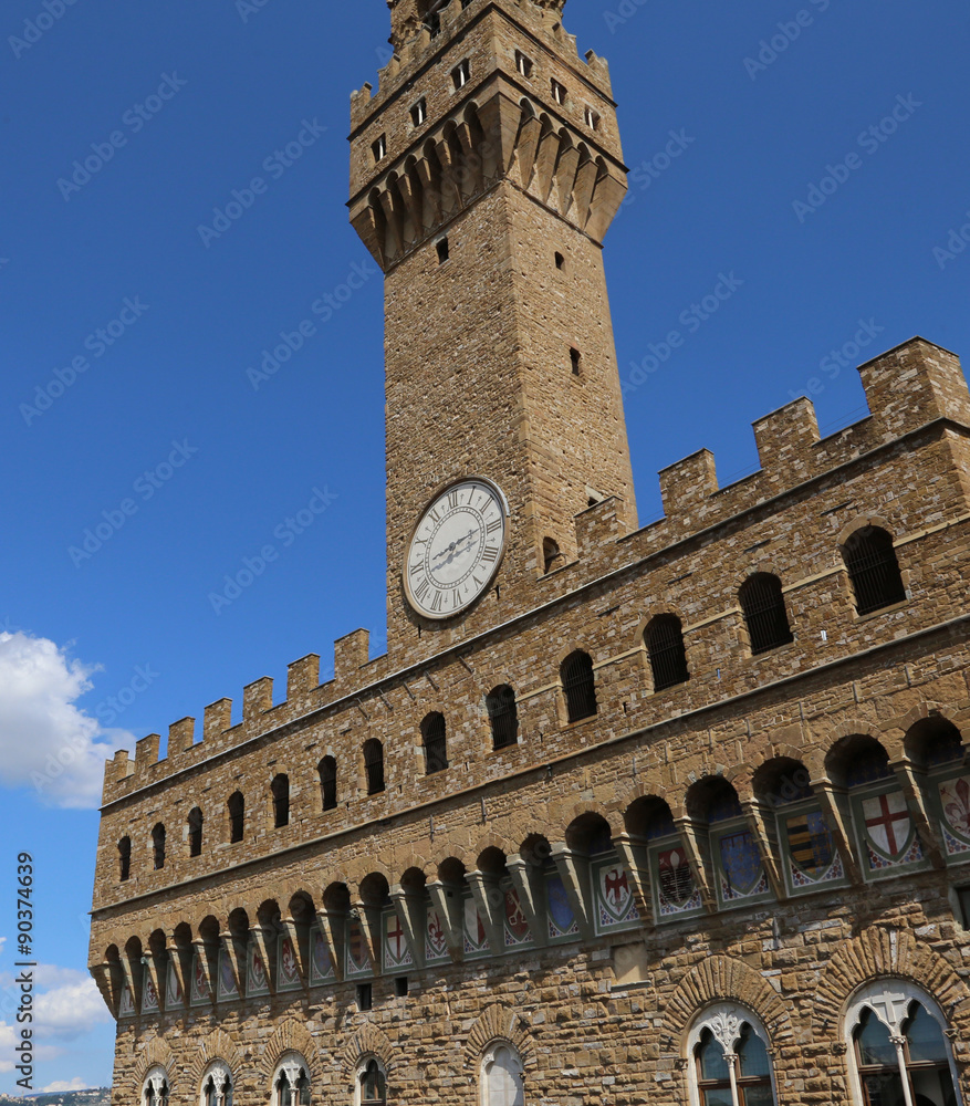 Florence Italy Historic clock tower building called Palazzo Vecc
