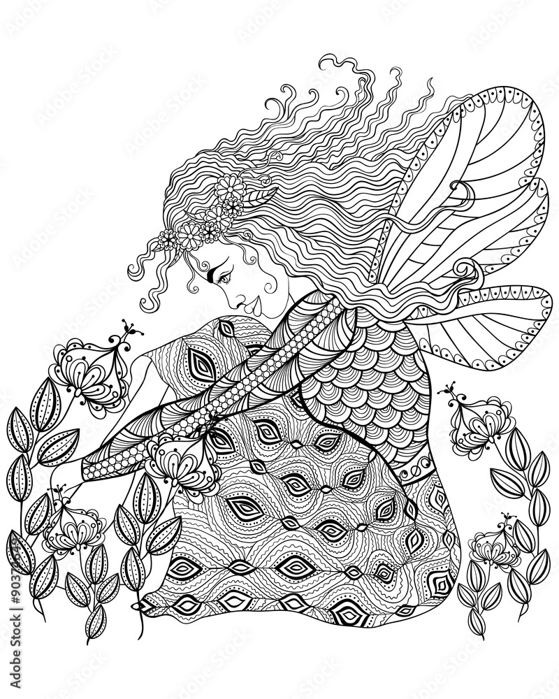 Naklejka premium Forest fairy with wings in flower for adult anti stress Coloring