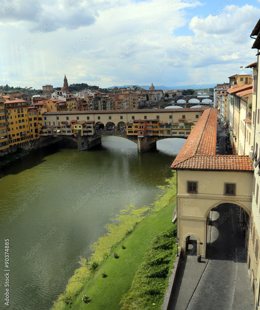 Florence Italy houses and shops in the ancient bridge over River