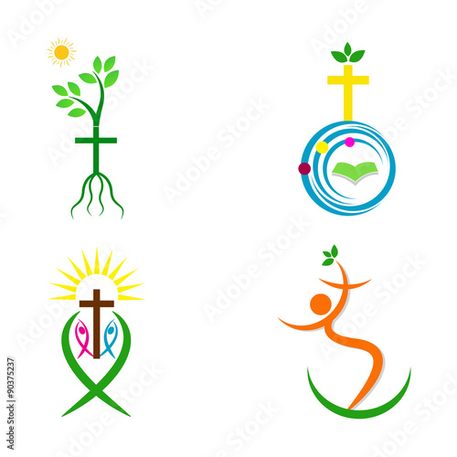 A vector drawing represents Christianity cross with holy bible globe fish tree people design.