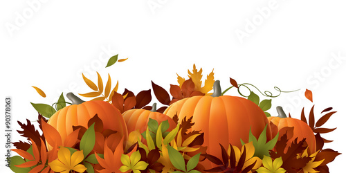 Thanksgiving background. Pumpkins and autumn leaves.
