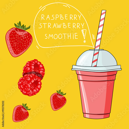 Glass with raspberry strawberry smoothie. Natural bio drink, hea