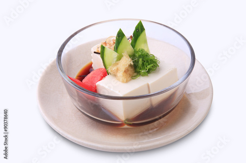 Hiyayakko, Japanese food mad by chilled tofu and toppings in glass bowl isolated on white background