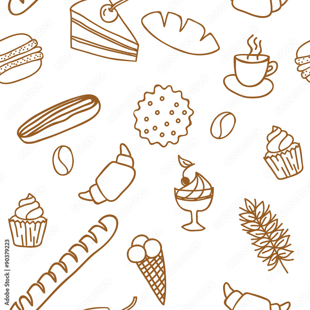 Edible seamless pattern with bread rolls cakes cookies frozen fa Edible seamless pattern with bread rolls cakes cookies frozen fa