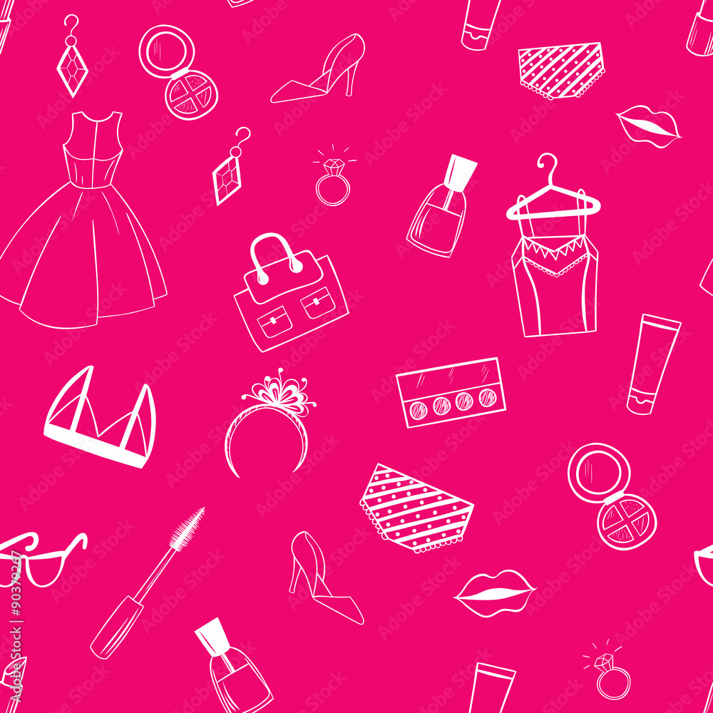 Fashion seamless pattern. Dress, ear rings, lipstick pink illust Fashion seamless pattern. Dress, ear rings, lipstick pink illust