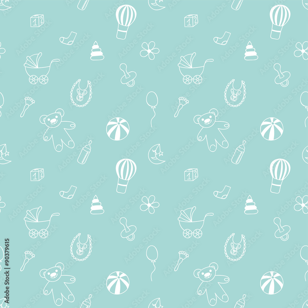 Seamless pattern with elements of children's toys. Baby carriage