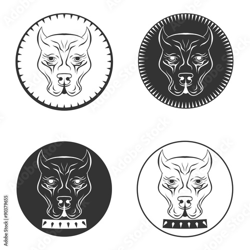 Set Pit bull terrier logo. Dod face with collar. Set labels vect