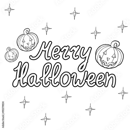 Cartoon pumpkins words merry halloween isolated on white backgro