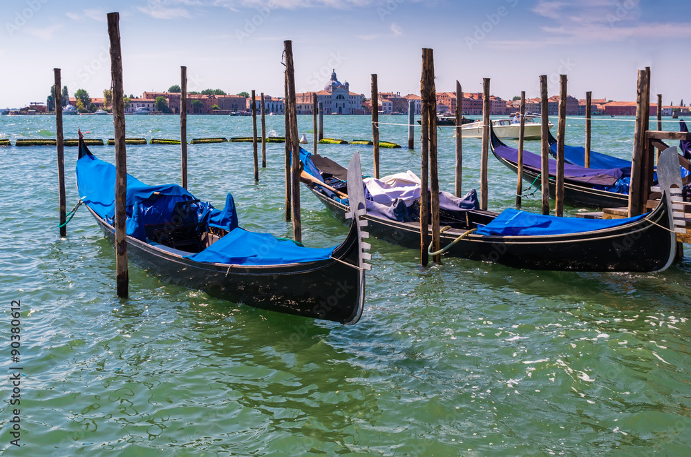 Gondolas in lagoon of Venice, Italy