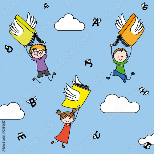 letters and books with wings carry children. illustration imagination and education