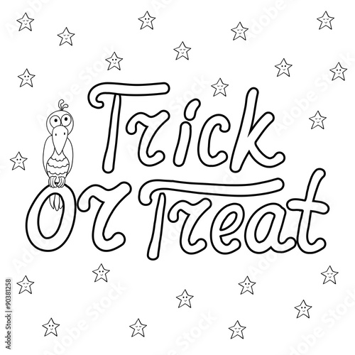 Cartoon word trick or treat and crow isolated on white backgroun