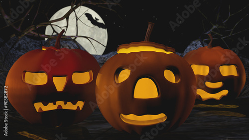 Illustration of three carved Pumpkins with a full moon and bat in the background