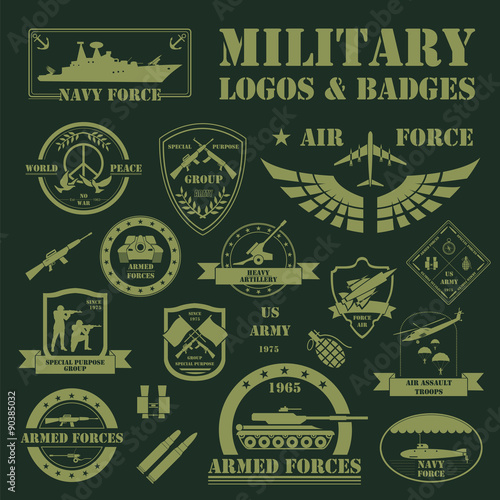 Military and armored vehicles logos and badges. Graphic template