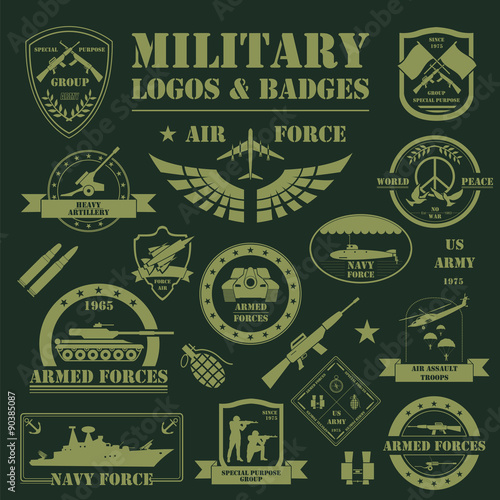 Military and armored vehicles logos and badges. Graphic template