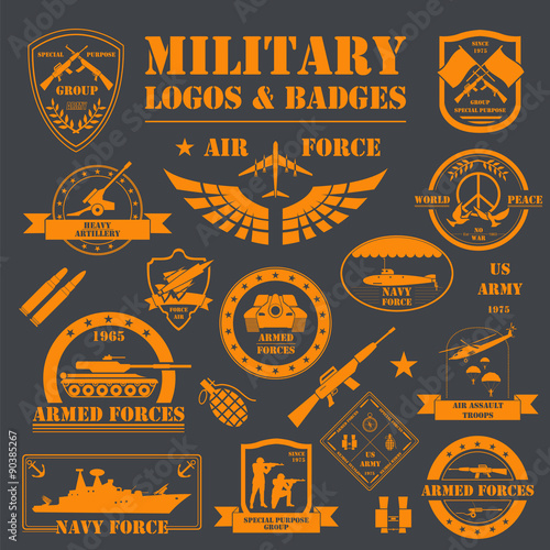Military and armored vehicles logos and badges. Graphic template