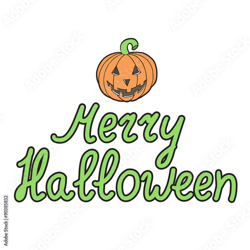 Greeting card with pumpkins and words merry halloween