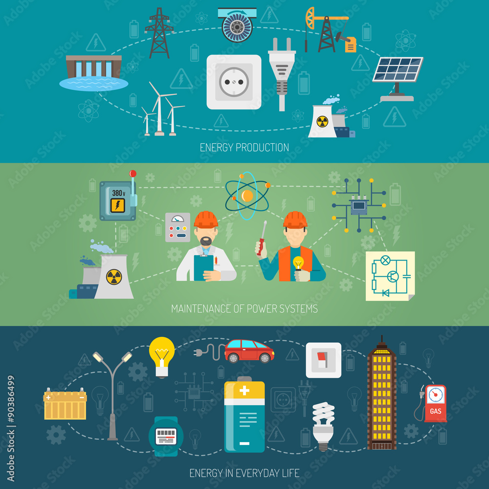 Energy power systems flat banners set Energy power systems flat banners set