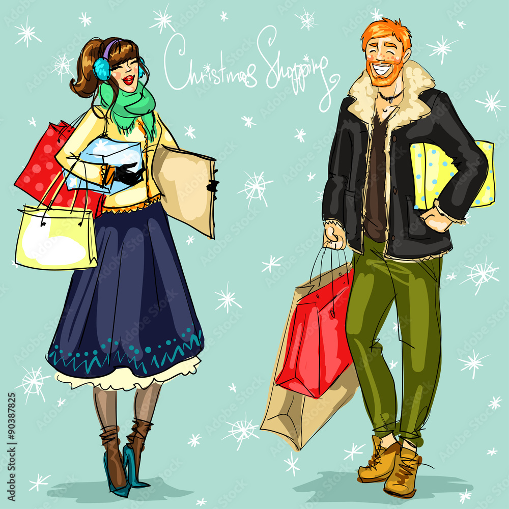 Happy couple with shopping bags and present boxes
