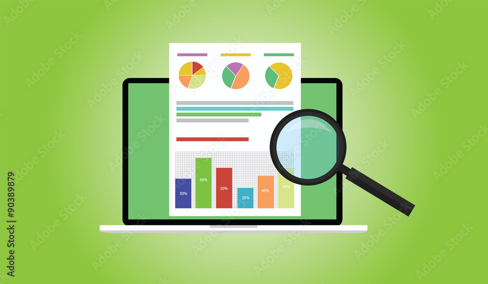 Business analyst with laptop notebook graph document flat illustration Business analyst with laptop notebook graph document flat illustration