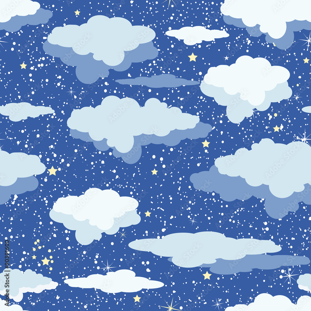 Seamless pattern of clouds and stars on dark blue sky. Texture for wallpaper, web design, fabrics and wrappers. Seamless pattern of clouds and stars on dark blue sky. Texture for wallpaper, web design, fabrics and wrappers.