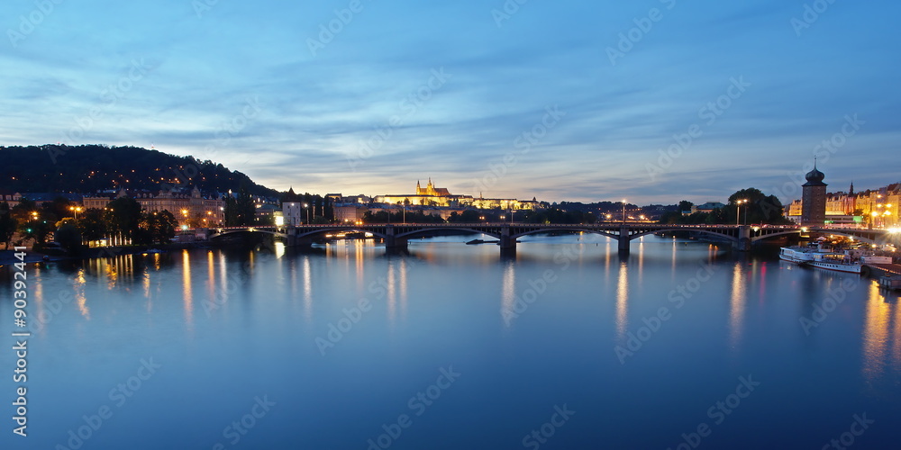 Prague panorama in the evening, view from Palacky Bridge