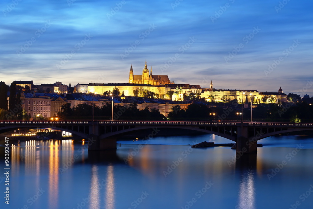 Prague Castle in the evening, view from Palacky Bridge