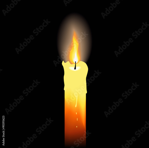 Burning candle on black background. Vector illustration.