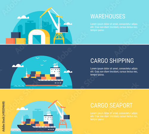 Cargo Warehouse Facilities, Shipping, Transportation and Seaport Horizontal Banners. Flat Design