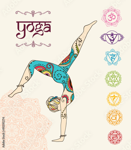 Ornament beautiful card with Vector yoga Geometric element hand drawn Types practices is Raja, Karma, Jnana, Bhakti, Hatha, kaleidoscope medallion yoga india arabic For logos banners flyers