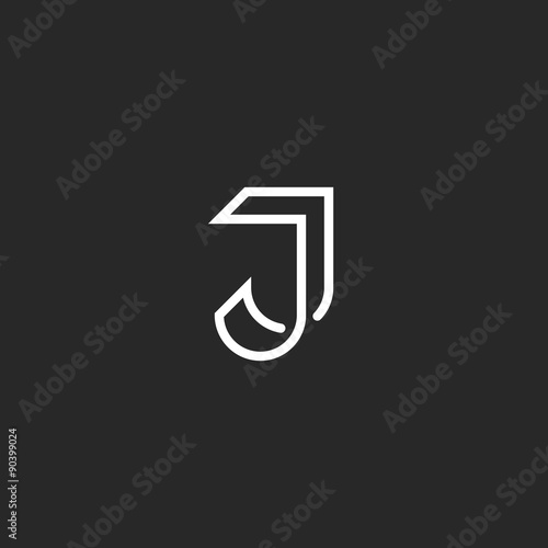 J letter logo monogram, illusion crossing thin line, black and white mockup emblem for invitation card