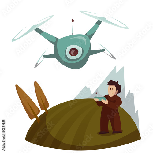 Dron with camera flying and man control it. Vector illustration