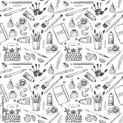 Seamless pattern with artist and writer tools. 