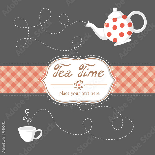 Tea time. Vector illustration of white teapot with re dots and tea cup.