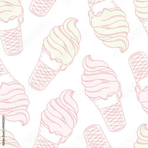 Twisted ice cream in a waffle cone. Stylized seamless pattern