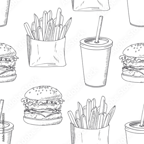 Seamless pattern with sketched burger, french fries and milk