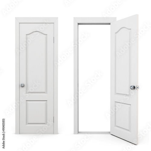 Fototapeta Naklejka Na Ścianę i Meble -  Closed and open door on a white