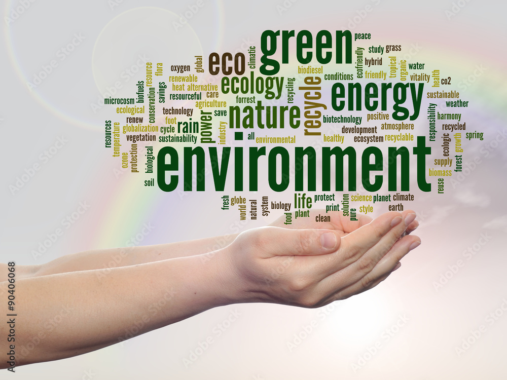 Conceptual ecology word cloud over rainbow Conceptual ecology word cloud over rainbow