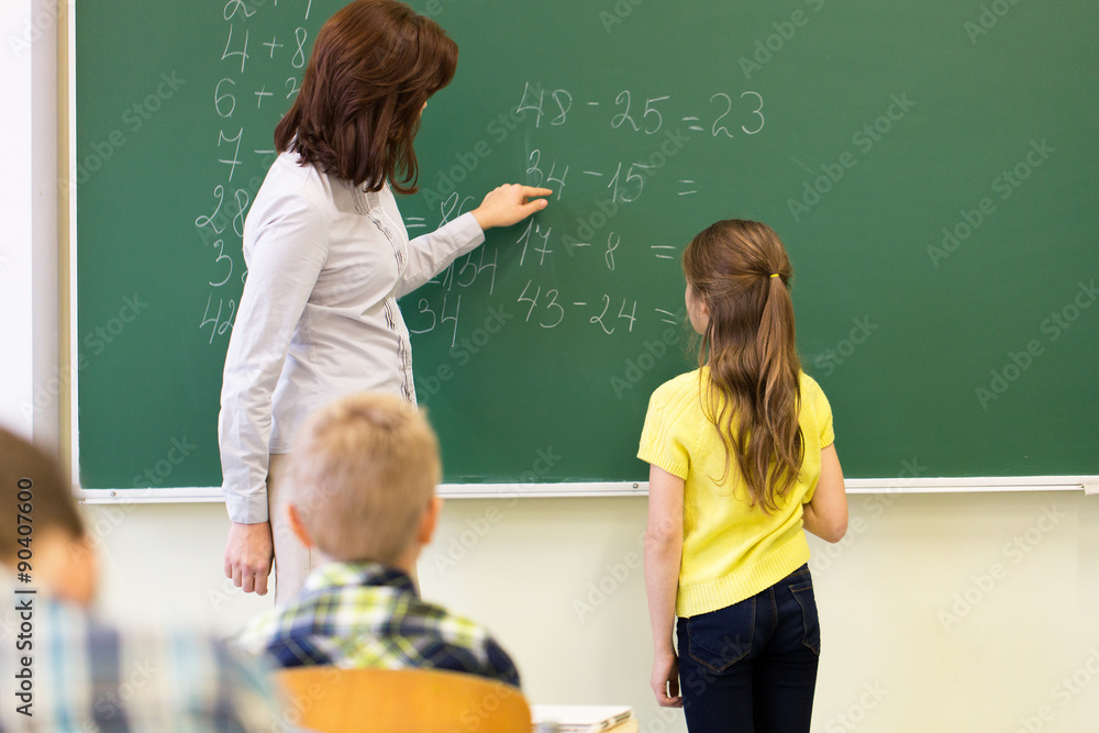 schoolgirl and teacher with task on chalk board schoolgirl and teacher with task on chalk board