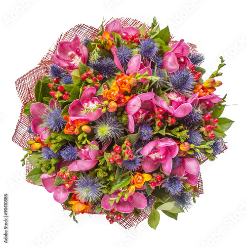 Bouquet of flowers top view isolated on white