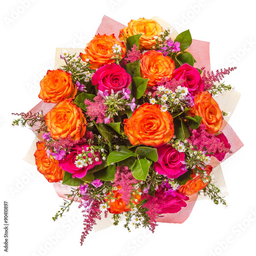 Bouquet of flowers top view isolated on white