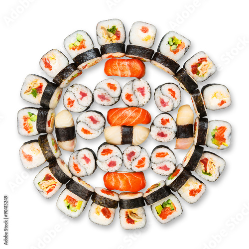 Set of sushi, maki, gunkan and rolls isolated at white