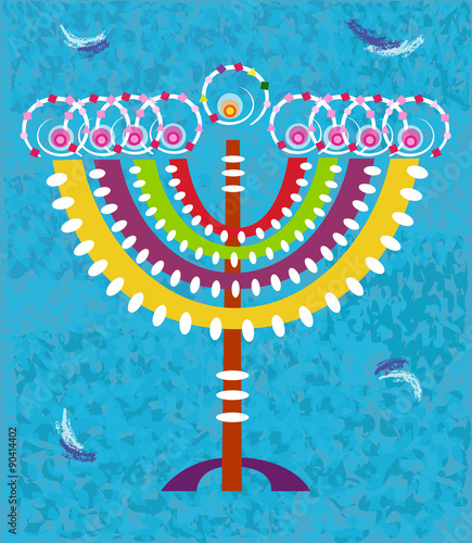 Hanukkah Card - Hanukkah card with stylized and colorful menorah on a decorative blue background. Eps10