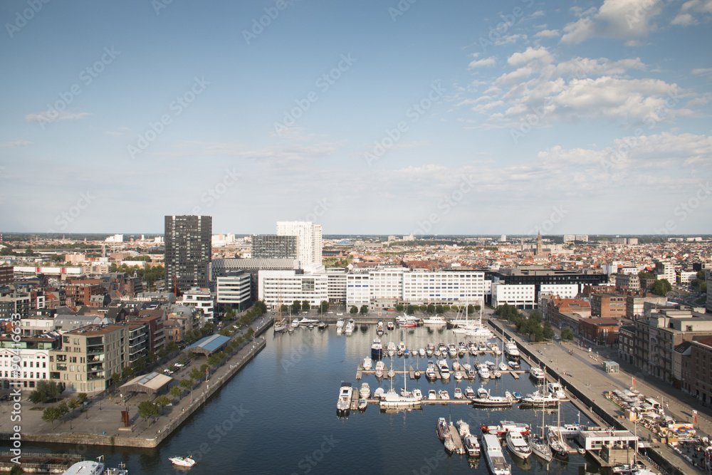 Aerial view to the yacht harbor of Antwerp, Belgium from the roof of the MAS Museum
